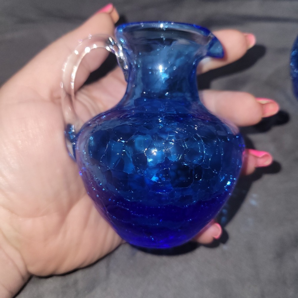 Vintage Mid Century Blue Hand Blown Crackle Small Pitchers Set Of 2 - Picture 8 of 10
